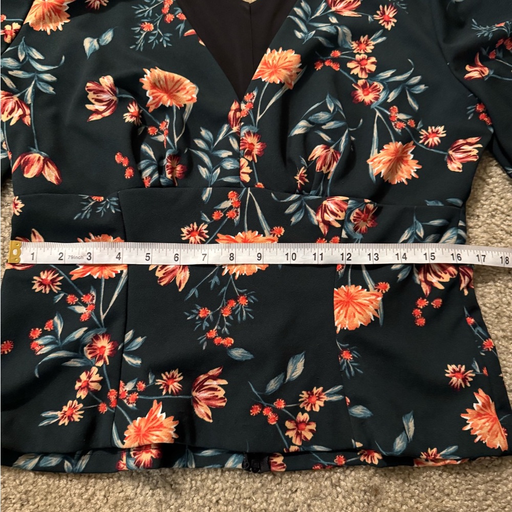 Pinup Couture Teal Floral V-Neck Blouse with Coral Blooms - Picture 5 of 7